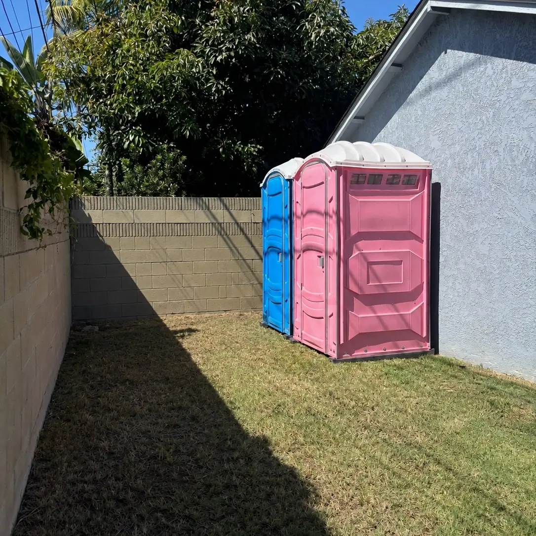 Pink and blue portable toilets on a flat backyard lawn